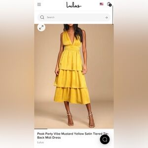 NWT Lulus Peak Party Vibe Mustard Yellow Satin Tiered Tie-Back Midi Dress